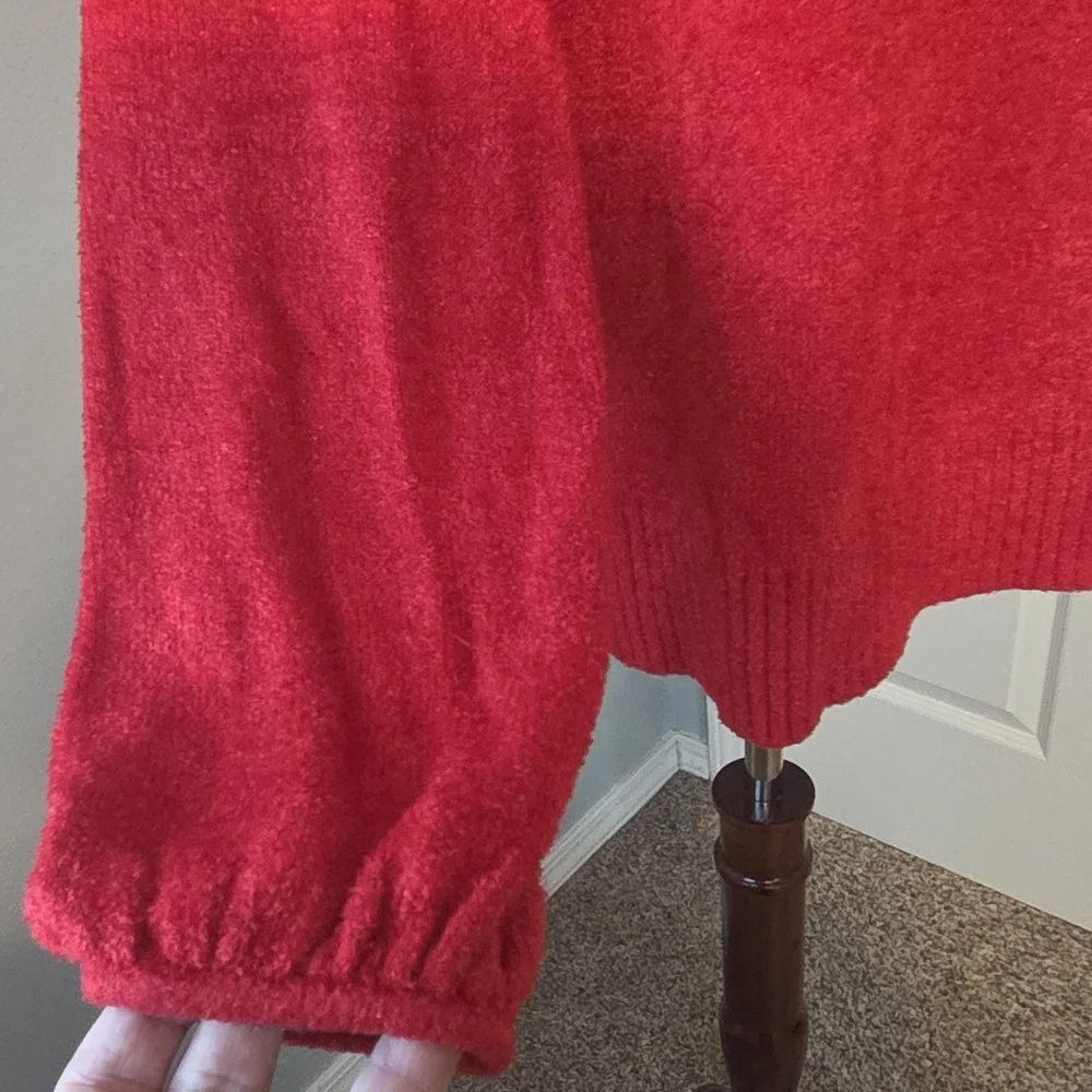 Worthington Red Metallic Knit Sweater L Scoop Neck Blouson Sleeve Holiday Top